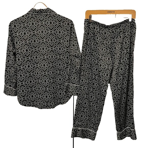 NATORI Private Luxuries Womens M Black White Pajama Set Silky Satin Lounge Sleep - Picture 4 of 10